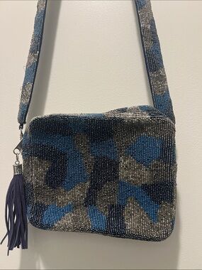 Tiana NY Blue Beaded Camo Crossbody Bag with Tassel